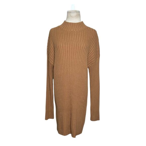 BP brown ribbed knit long sleeves high neck sweater mini dress size Small - Picture 1 of 11